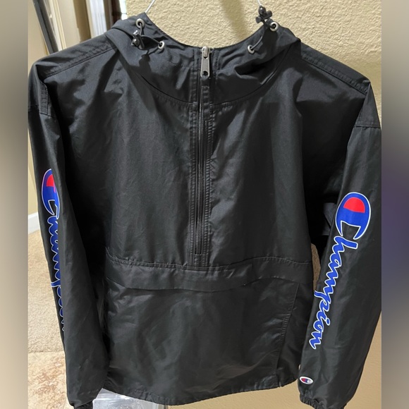 Champion UO Mens Jacket Hooded Windbreaker Big C Half Zip Pull Over Black-M - Picture 2 of 11